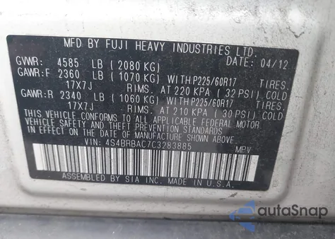 2012 Subaru Outback 2.5I z USA, uszkodzony, nr VIN 4S4BRBAC7C3283885